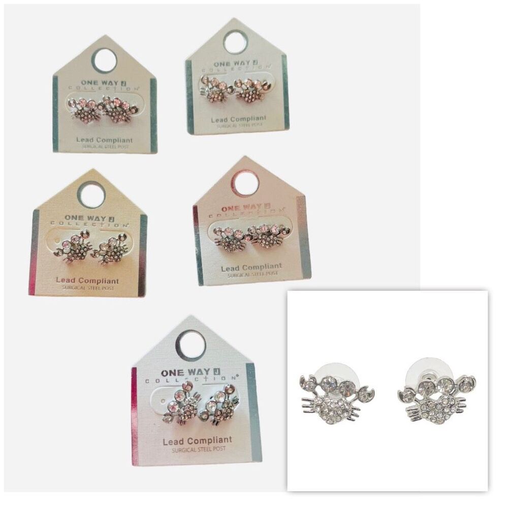 New Womens One Way Collection Rhinestone Silver Surgical Steel Crab Earrings